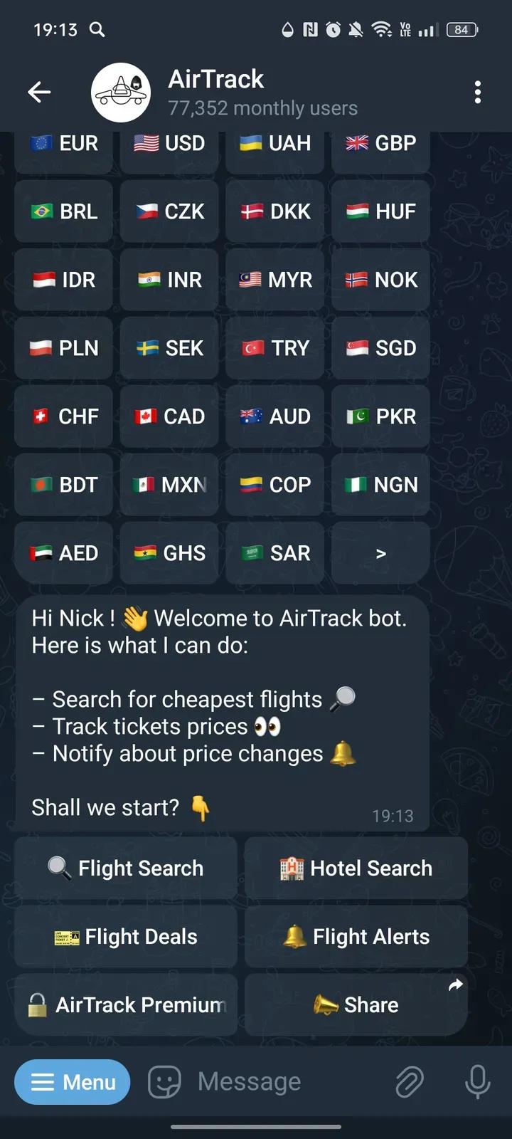 AirTrack Telegram Screenshot 2