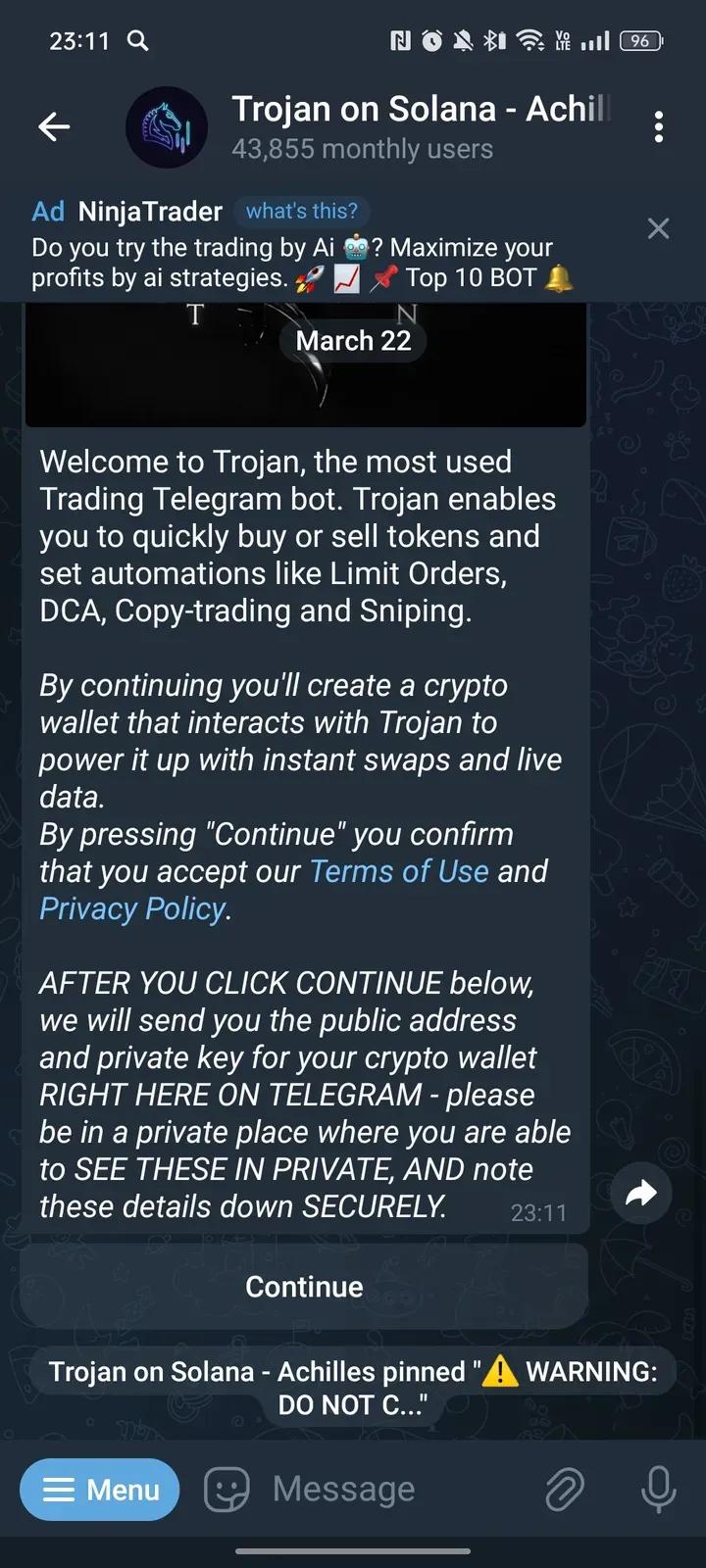 Trojan on Solana Telegram Screenshot 2