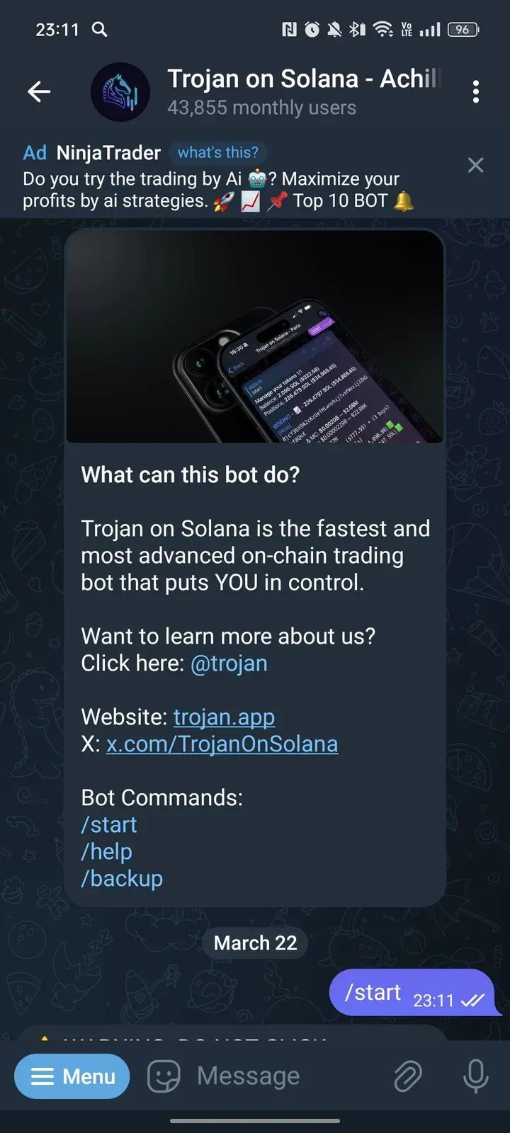Trojan on Solana Telegram Screenshot 1